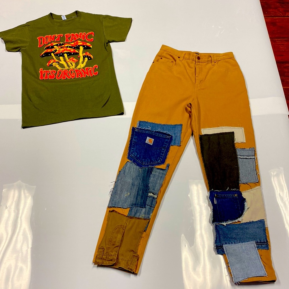 A pair of pants and a size S shirt
